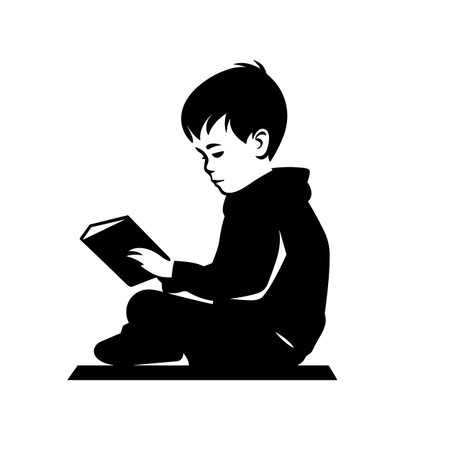 Reading boy silhouette. Boy reading a book black icon on white backgroundのイラスト素材