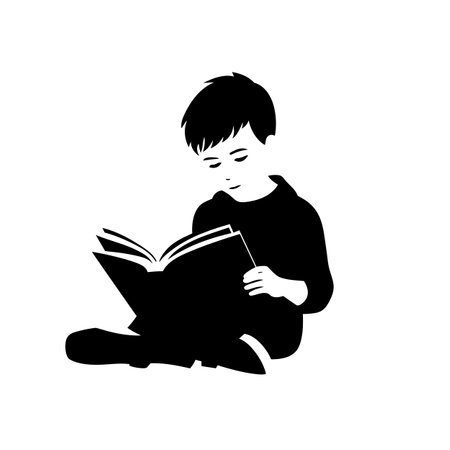 Reading boy silhouette. Boy reading a book black icon on white backgroundのイラスト素材