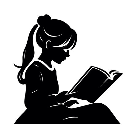 Reading girl silhouette. Girl reading a book black icon on white backgroundのイラスト素材