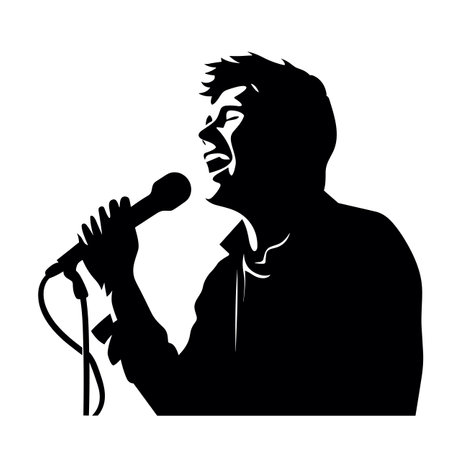 Male singer silhouette. Singer black icon on white backgroundのイラスト素材