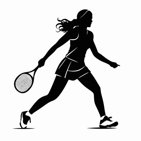 Female tennis player silhouette. Female tennis player black icon on white backgroundのイラスト素材