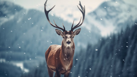 Noble deer in winter forest. Snowy winter christmas landscape. Autumn scene with reindeerの素材