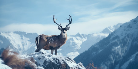 Noble deer in winter forest. Snowy winter christmas landscape. Autumn scene with reindeerの素材