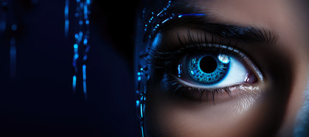 Futuristic human eye technology - digital iris. Close up of a sci-fi cyborg eyeの素材