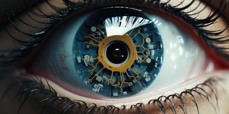 Futuristic human eye technology - digital iris. Close up of a sci-fi cyborg eyeの素材
