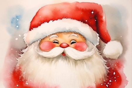 Christmas watercolor background. Adorable santa claus in a red hat. Christmas cardの素材