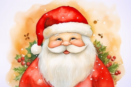 Christmas watercolor background. Adorable santa claus in a red hat. Christmas cardの素材