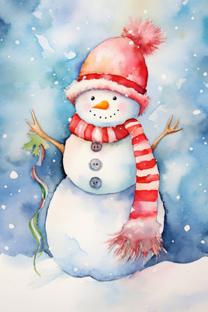 Christmas watercolor background. Adorable winter snowman postcard. Christmas cardの素材