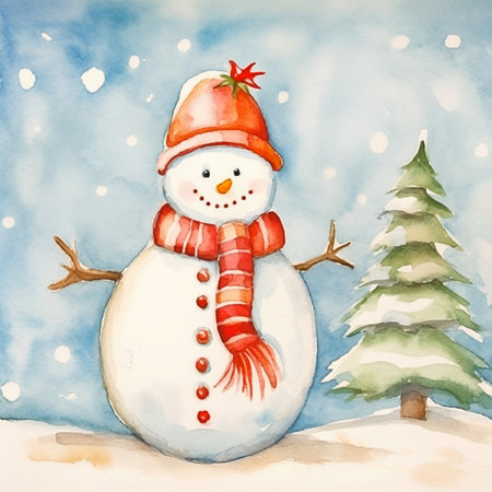 Christmas watercolor background. Adorable winter snowman postcard. Christmas cardの素材