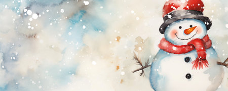 Christmas watercolor background. Adorable winter snowman postcard. Christmas cardの素材