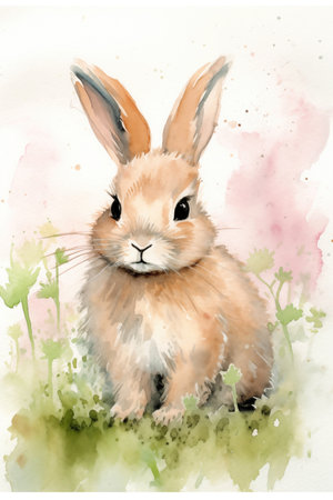 Cute adorable bunny card. Bunny watercolor backgroundの素材
