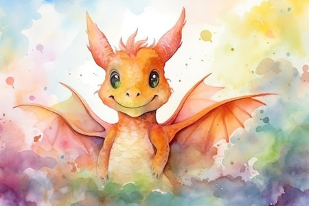 Cute adorable dragon card. Dragon watercolor backgroundの素材