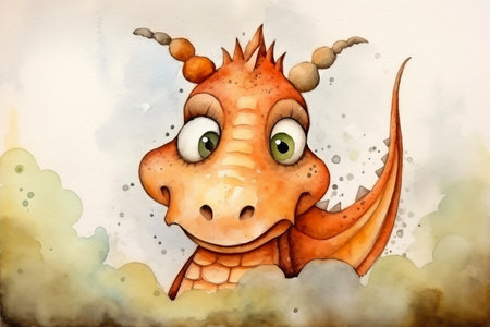 Cute adorable dragon card. Dragon watercolor backgroundの素材