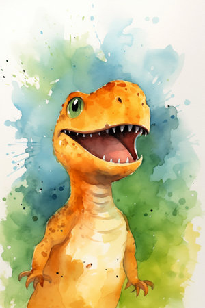 Cute adorable T-rex card. T-rex dinosaur watercolor backgroundの素材