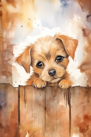 Cute adorable puppy card. Puppy watercolor backgroundの素材