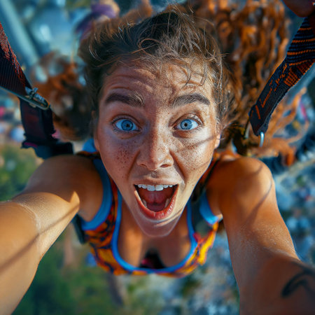 Selfie shot during bungee jumping. Adventure holiday. Ropejumping woman having fun, extreme sports concept, embracing freedom, excitement and adrenaline rush.の素材