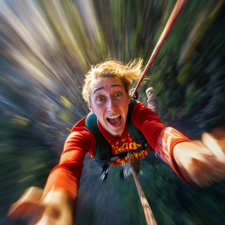 Selfie shot during bungee jumping. Adventure holiday. Ropejumping man having fun, extreme sports concept, embracing freedom, excitement and adrenaline rush.の素材