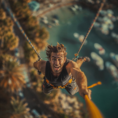 Selfie shot during bungee jumping. Adventure holiday. Ropejumping man having fun, extreme sports concept, embracing freedom, excitement and adrenaline rush.の素材