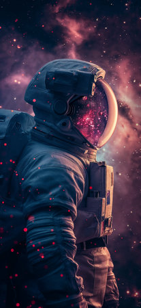 Portrait of an astronaut. Astronaut in space suit in outer space with nebula reflection in helmet glass. Mars colonization or settlement concept.の素材