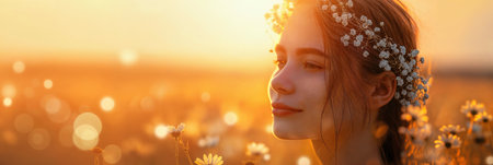 Spring fashion portrait of a woman with flowers and butterflies on her head and in her hair. Beautiful stylish creative summer background. Female beauty conceptの素材