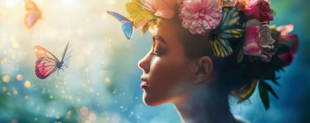 Spring fashion portrait of a woman with flowers and butterflies on her head and in her hair. Beautiful stylish creative summer background. Female beauty conceptの素材
