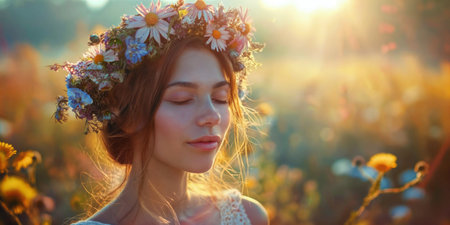 Spring fashion portrait of a woman with flowers and butterflies on her head and in her hair. Beautiful stylish creative summer background. Female beauty conceptの素材