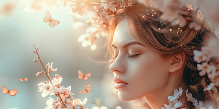 Spring fashion portrait of a woman with flowers and butterflies on her head and in her hair. Beautiful stylish creative summer background. Female beauty conceptの素材
