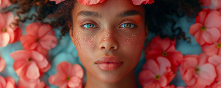 Spring fashion portrait of a woman with flowers and butterflies on her head and in her hair. Beautiful stylish creative summer background. Female beauty conceptの素材