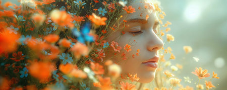 Spring fashion portrait of a woman with flowers and butterflies on her head and in her hair. Beautiful stylish creative summer background. Female beauty conceptの素材