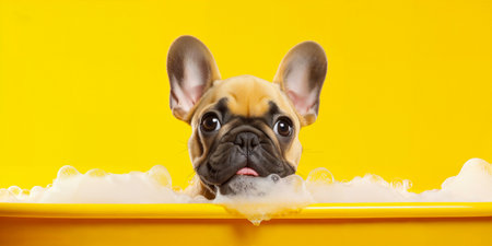Cute puppy in a bathtub with soap foam and bubbles. Happy wet dog taking a bath. Pets cleaning or washing conceptの素材