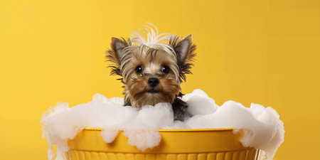 Cute puppy in a bathtub with soap foam and bubbles. Happy wet dog taking a bath. Pets cleaning or washing conceptの素材