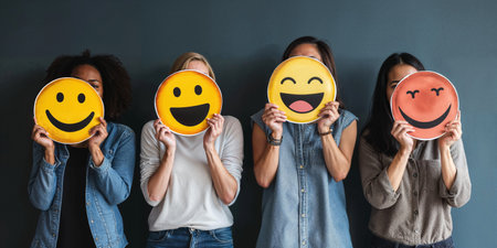 A group of diverse people holding happy emoticons. Healthy workplace culture concept. Teamworkの素材