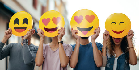 A group of diverse people holding happy emoticons. Healthy workplace culture concept. Teamworkの素材