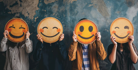 A group of diverse people holding happy emoticons. Healthy workplace culture concept. Teamworkの素材