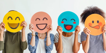 A group of diverse people holding happy emoticons. Healthy workplace culture concept. Teamworkの素材