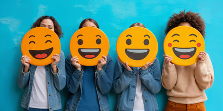 A group of diverse people holding happy emoticons. Healthy workplace culture concept. Teamworkの素材