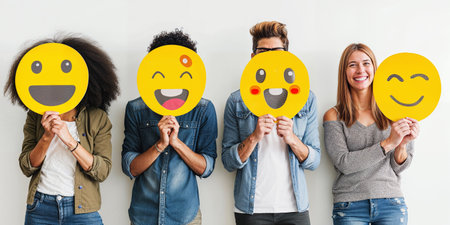 A group of diverse people holding happy emoticons. Healthy workplace culture concept. Teamworkの素材