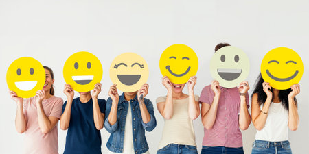 A group of diverse people holding happy emoticons. Healthy workplace culture concept. Teamworkの素材
