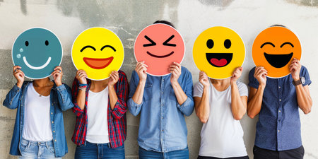 A group of diverse people holding happy emoticons. Healthy workplace culture concept. Teamworkの素材