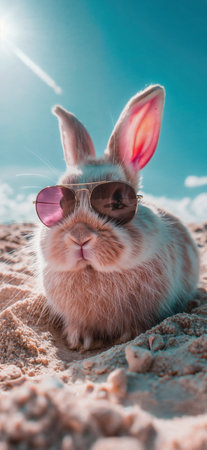A cool looking rabbit enjoying the sun on the beach wearing sunglasses. Summer vacation conceptの素材