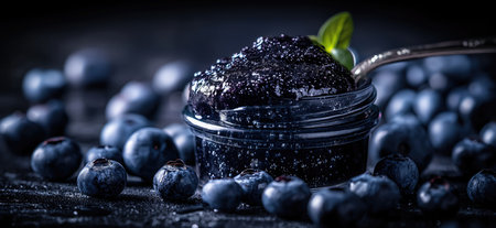 Spoon scooping homemade blueberry jam from a glass jar surrounded by fresh blueberries. Blueberry jamの素材