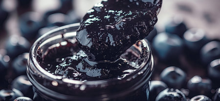 Spoon scooping homemade blueberry jam from a glass jar surrounded by fresh blueberries. Blueberry jamの素材