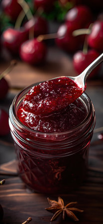 Spoon scooping homemade cherry jam from a glass jar surrounded by fresh cherries. Cherry jamの素材