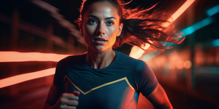 Dynamic photo of a female runner wearing stylish sportswear running at night. Running womanの素材