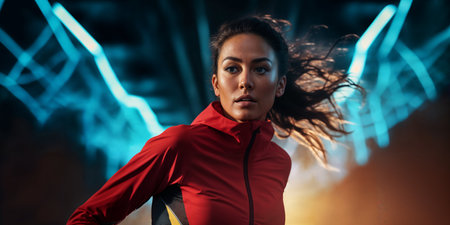Dynamic photo of a female runner wearing stylish sportswear running at night. Running womanの素材