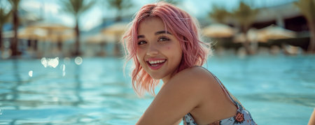 Portrait of a beautiful teenage tattooed influencer with pink hair and piercings having fun at a luxury resort. Happy teenager on summer vacation in a luxury resort. Summer holidays conceptの素材
