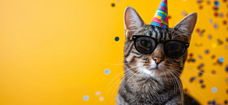 Cat with party hat and sunglasses celebrating birthday, carnival, New Year's eve, sylvester or other festive celebration. Happy birthday card concept.の素材