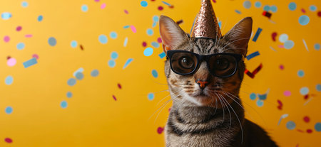 Cat with party hat and sunglasses celebrating birthday, carnival, New Year's eve, sylvester or other festive celebration. Happy birthday card concept.の素材