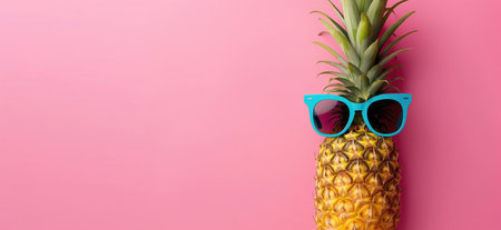 Pineapple wearing sunglasses - summer background with copy space. Summer banner conceptの写真素材