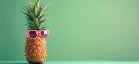 Pineapple wearing sunglasses - summer background with copy space. Summer banner conceptの写真素材
